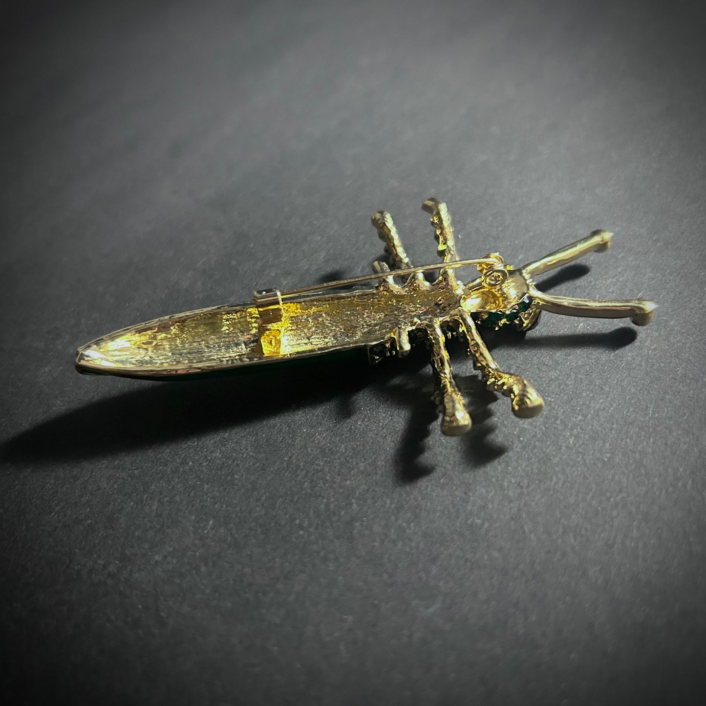 Grasshopper Green Enamel & Rhinestones Gold Brooch