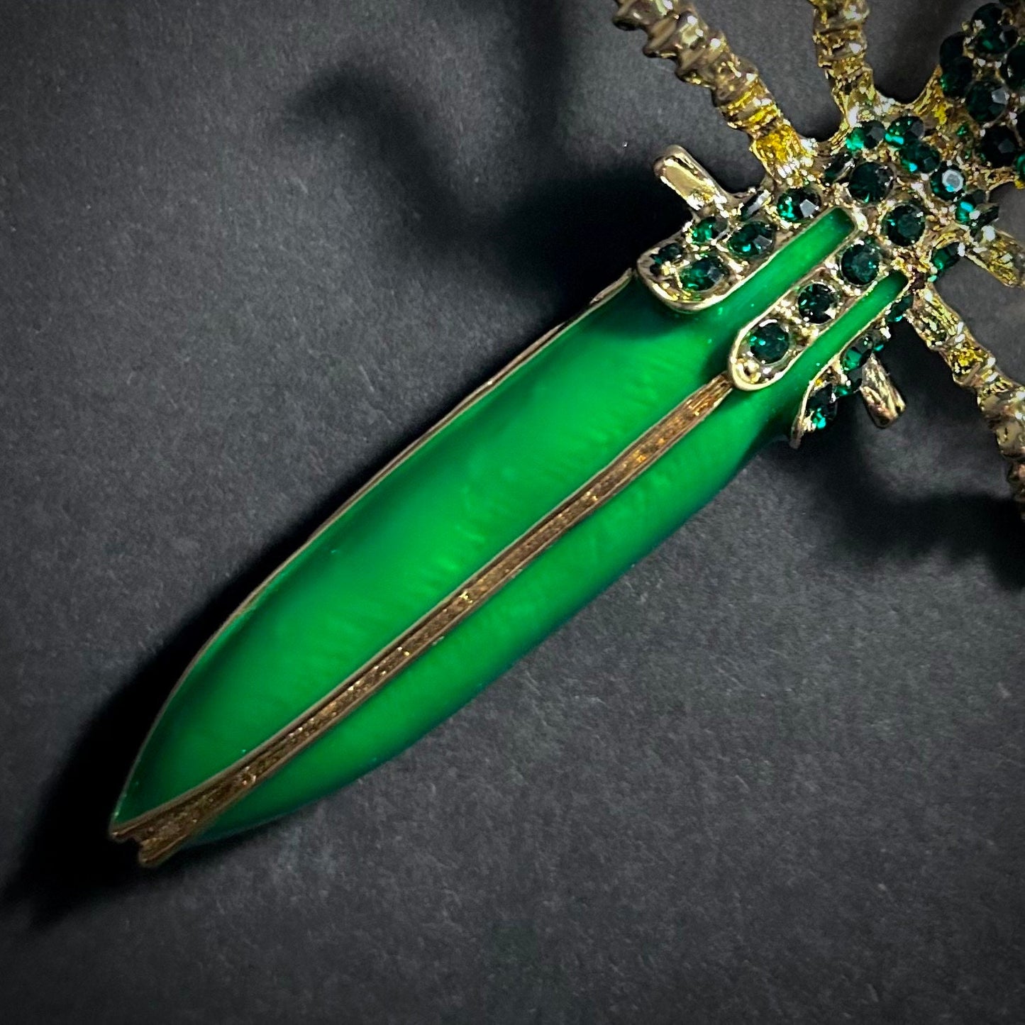 Grasshopper Green Enamel & Rhinestones Gold Brooch