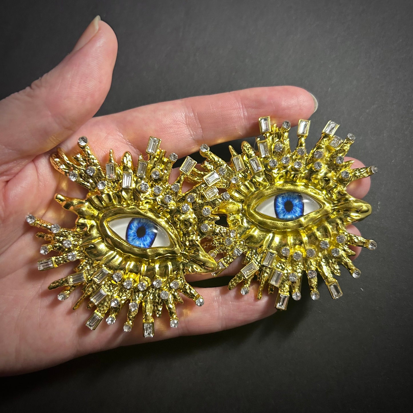 Blue Eyes & Rhinestones Broad Fringe Large Gold Surrealist Earrings