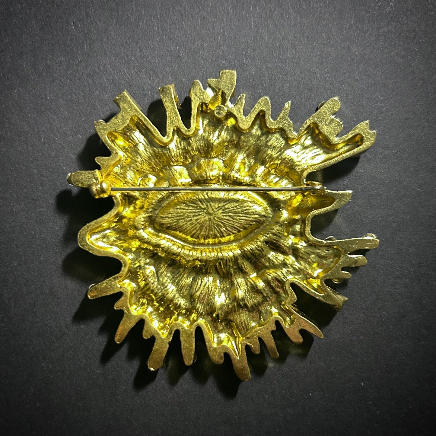 Blue Eye & Rhinestone Broad Fringe Large Gold Surrealist Brooch