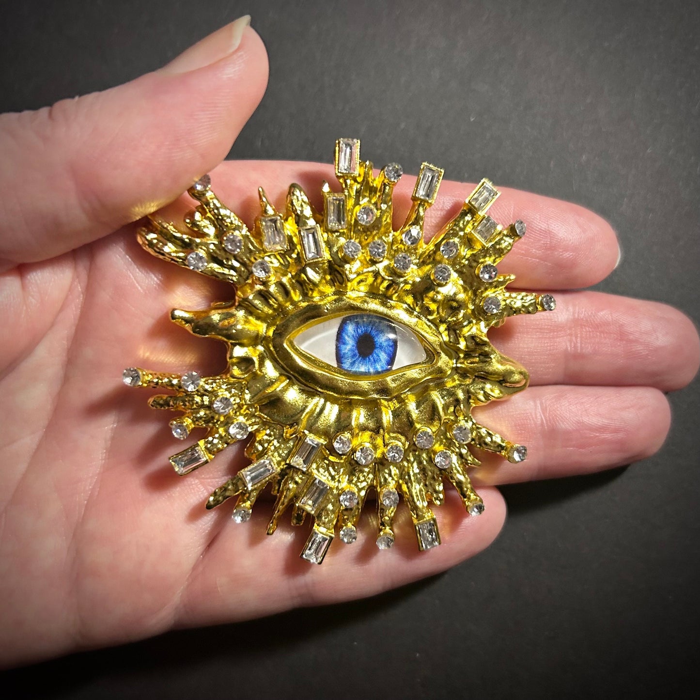 Blue Eye & Rhinestone Broad Fringe Large Gold Surrealist Brooch