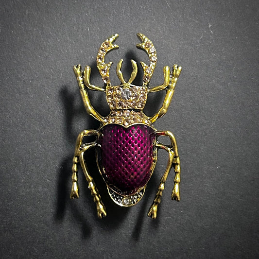 Golden Rhinstones & Purple Enamel Gold Stag Beetle Brooch