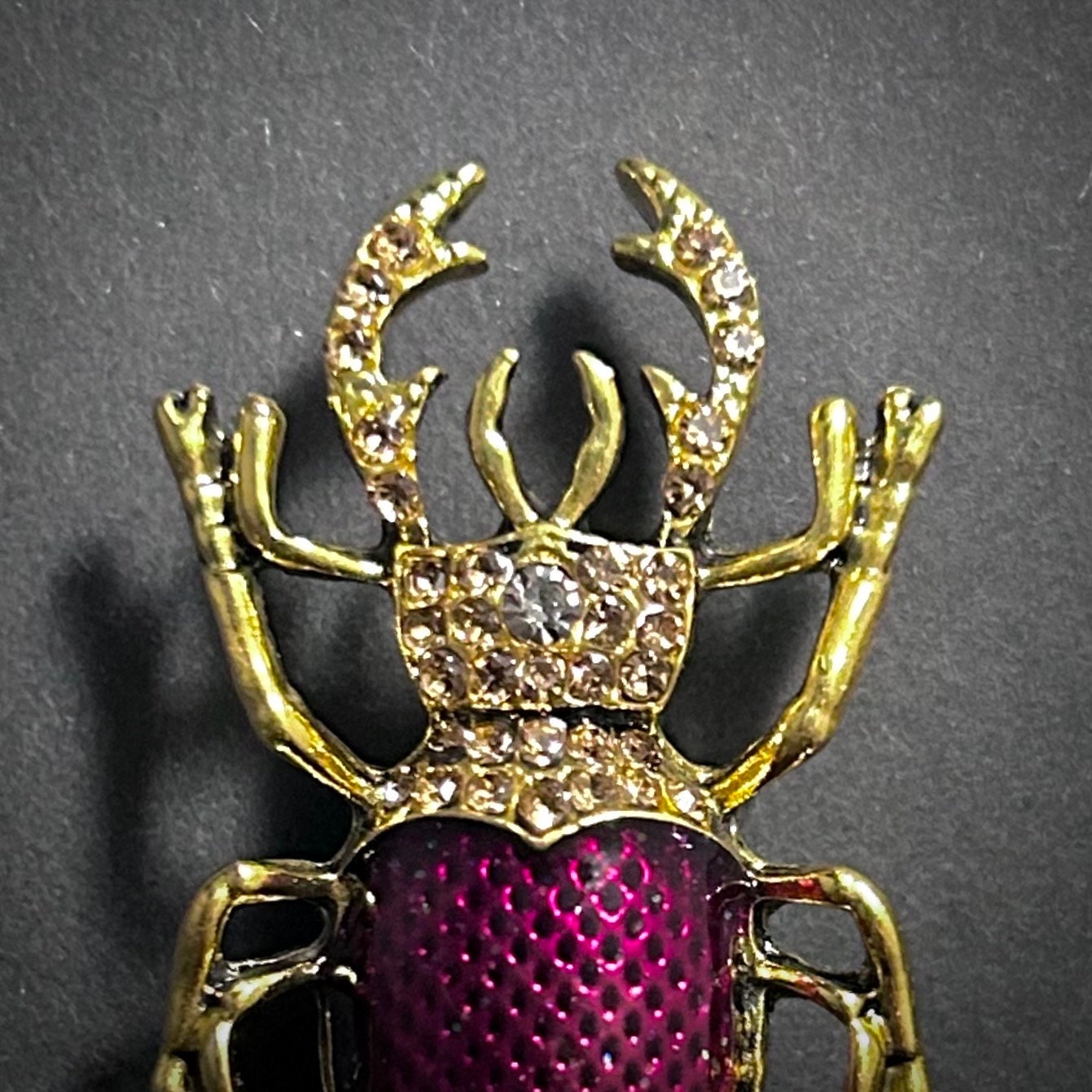 Golden Rhinstones & Purple Enamel Gold Stag Beetle Brooch