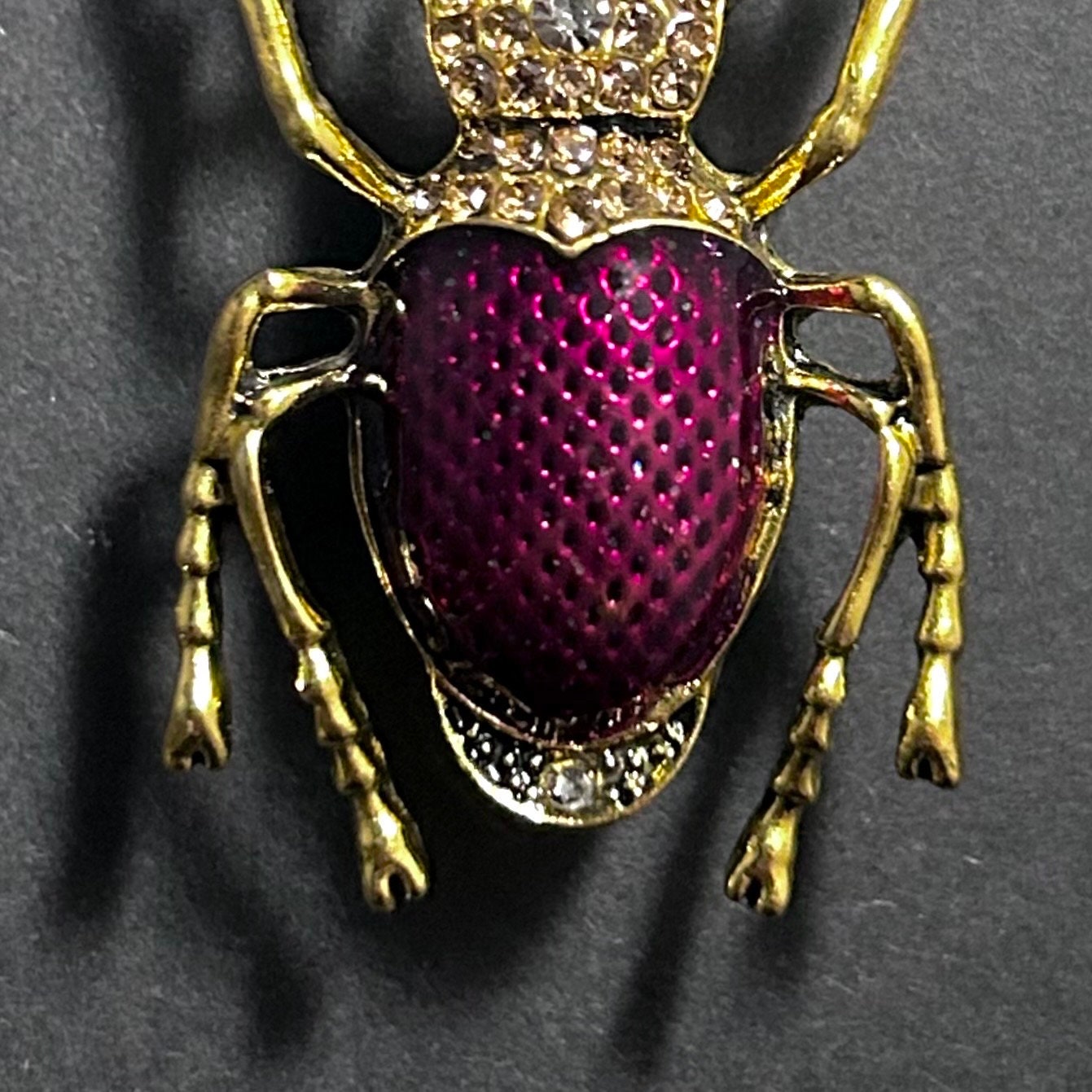 Golden Rhinstones & Purple Enamel Gold Stag Beetle Brooch