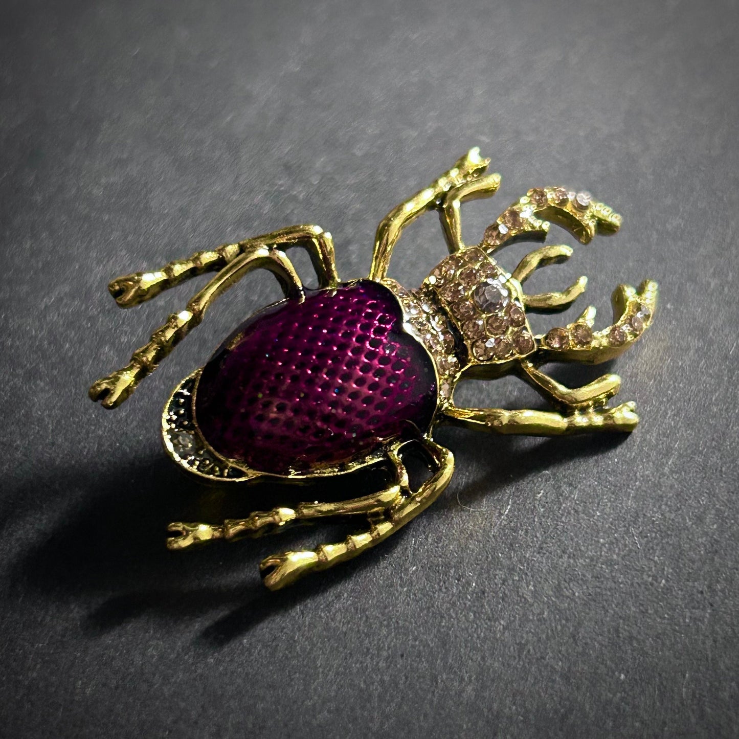 Golden Rhinstones & Purple Enamel Gold Stag Beetle Brooch