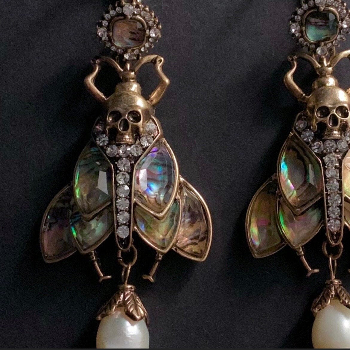 Moth, Skull & Baroque Pearl Abalone Statement Earrings