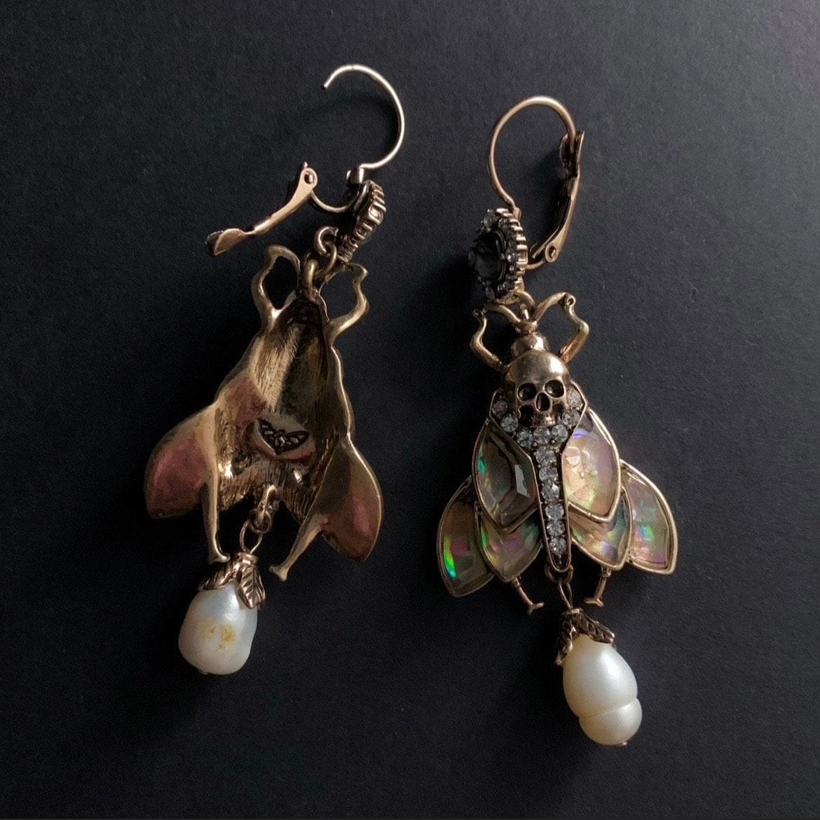 Moth, Skull & Baroque Pearl Abalone Statement Earrings