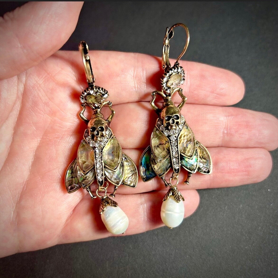 Moth, Skull & Baroque Pearl Abalone Statement Earrings