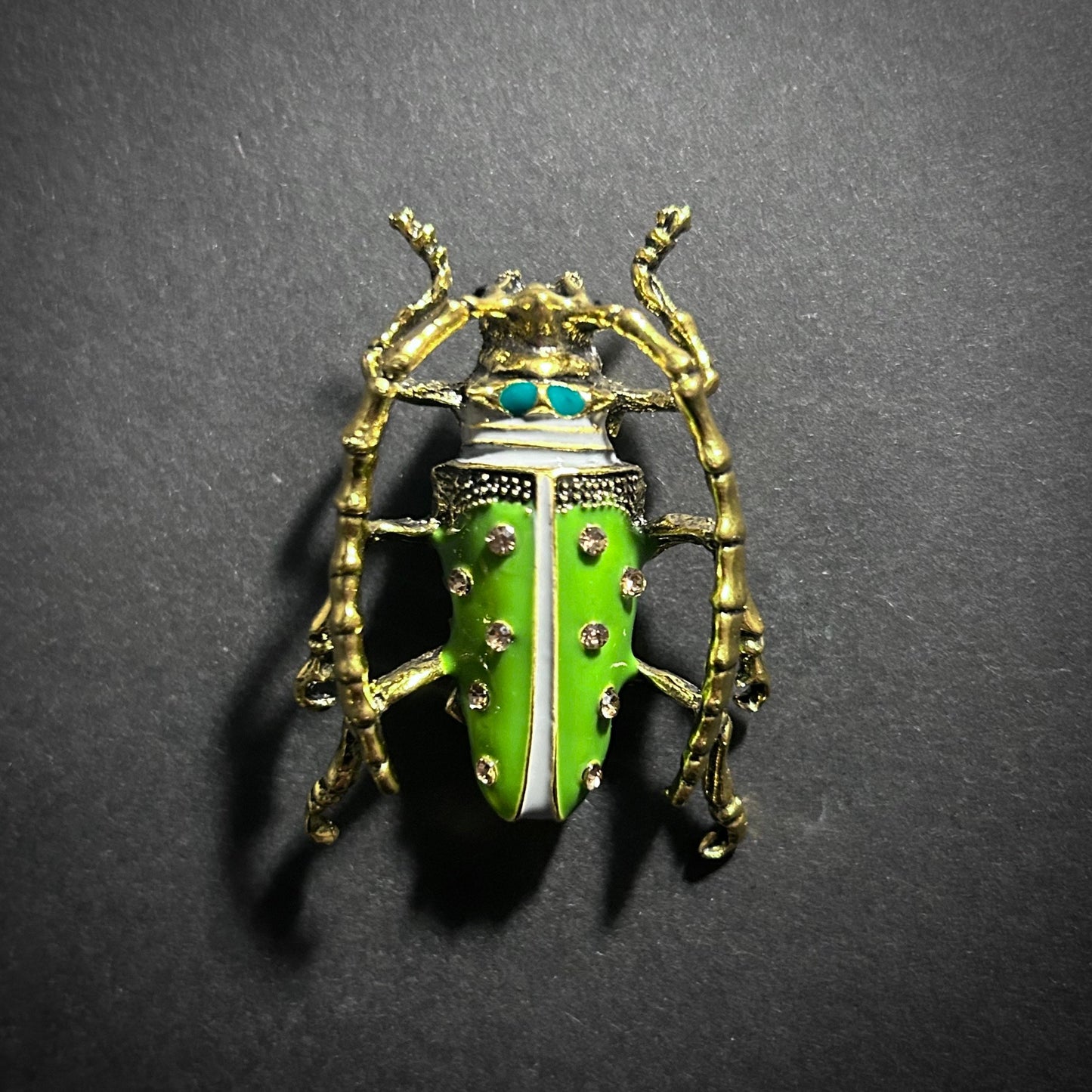 Longhorn Beetle Cloisonné Enamel Brooch in Gold & Green