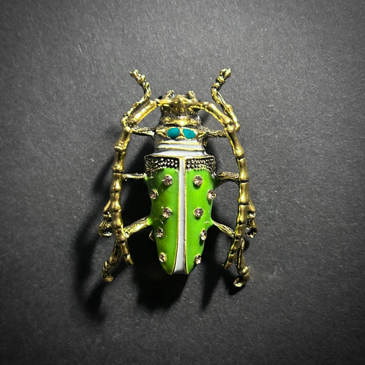 Longhorn Beetle Cloisonné Enamel Brooch in Gold & Green