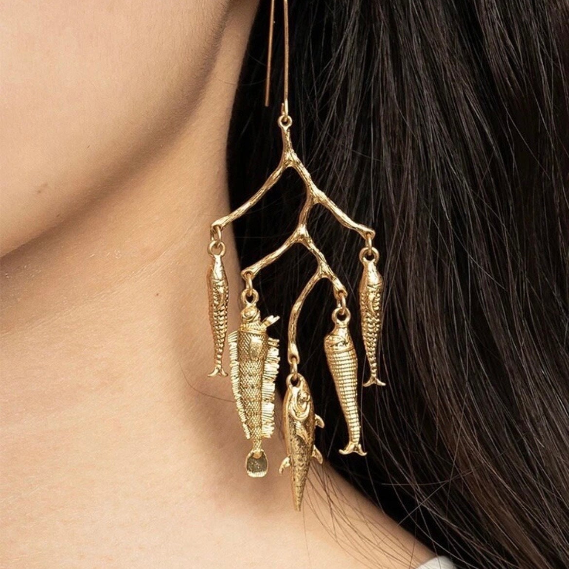 Very Fishy Golden Chandelier Large Statement Earrings