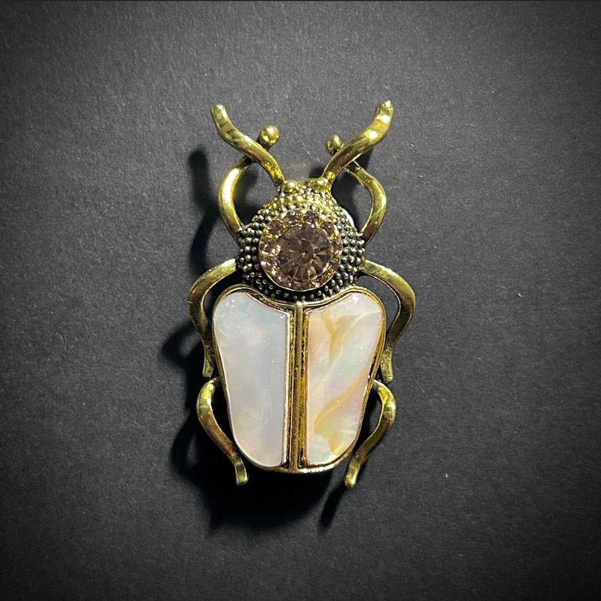 Beetle, Mother of Pearl & Champagne Crystal Brooch and Pendant in Gold