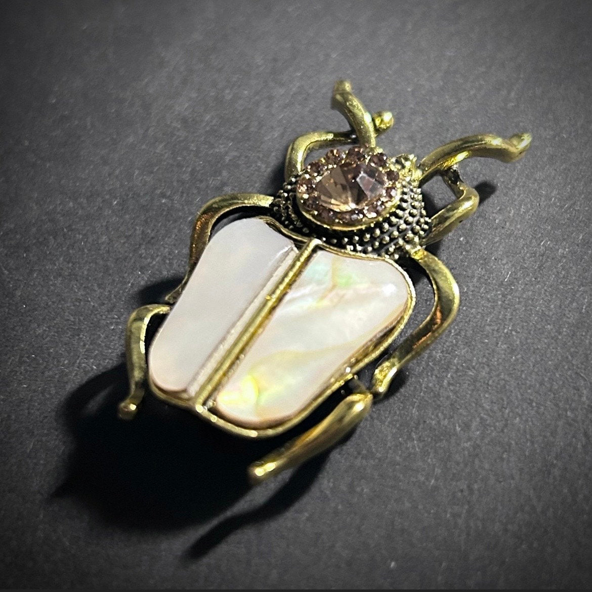 Beetle, Mother of Pearl & Champagne Crystal Brooch and Pendant in Gold