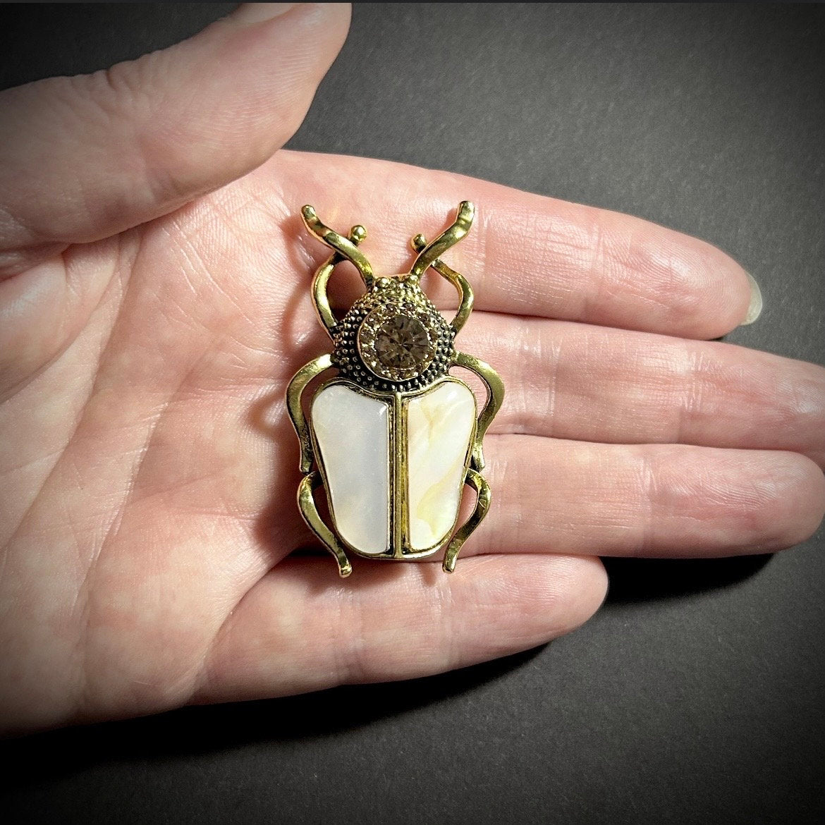 Beetle, Mother of Pearl & Champagne Crystal Brooch and Pendant in Gold